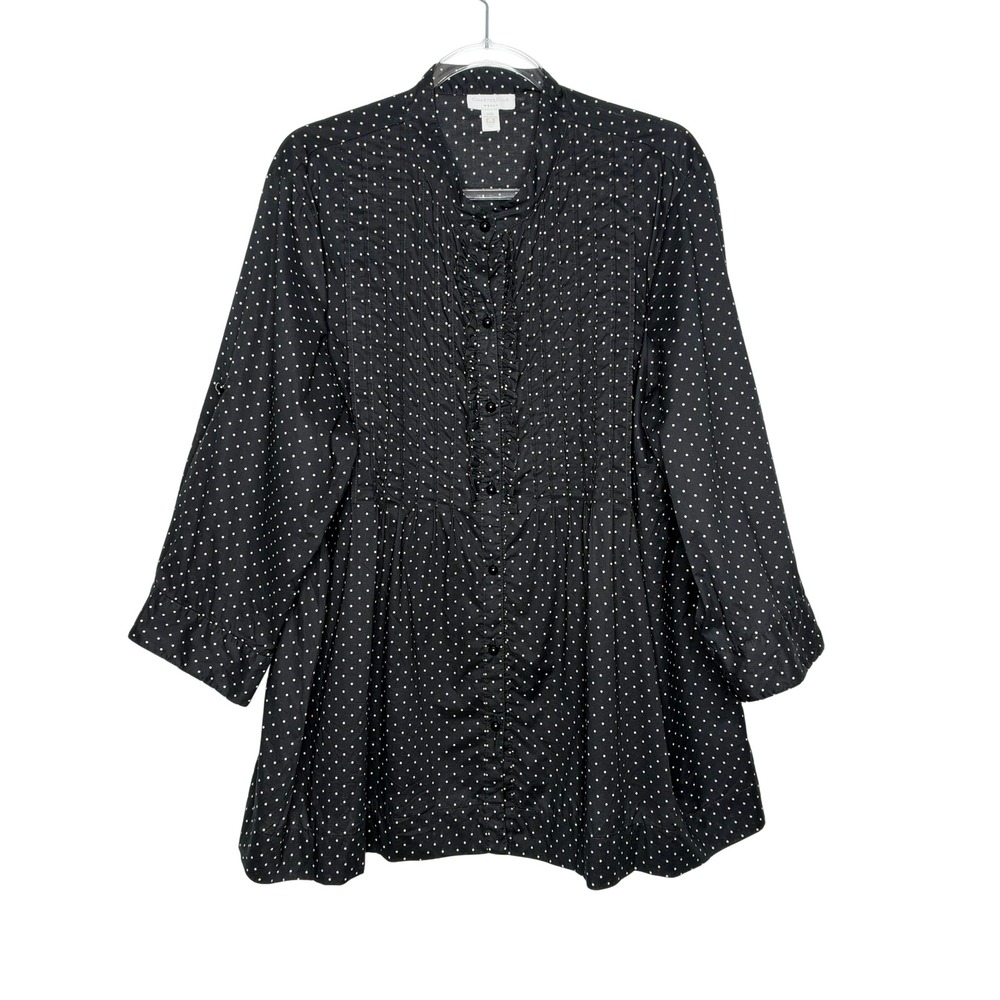 Charter Club Tunic Top 20W Black Polka Dot Ruffle Front Roll Tab Sleeve Cotton